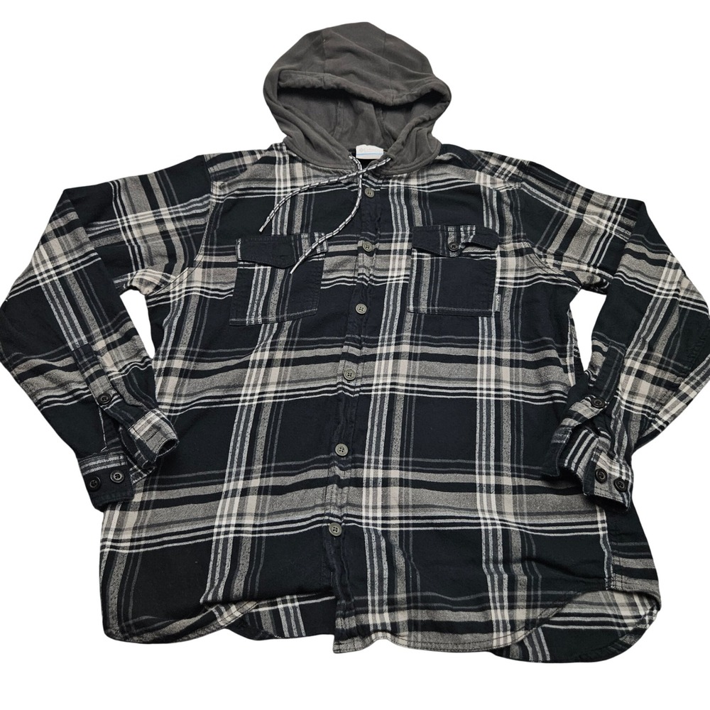 Columbia Plaid Flannel Hoodie Shirt Long Sleeve Button Up Men's Size L